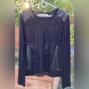 Rachel Roy black open knit sweater with vegan leather detail.  XL